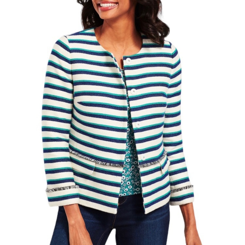 Talbots Cream Stripe Fringe Blazer